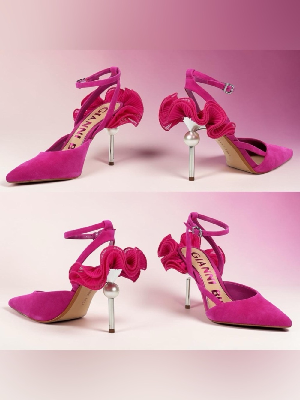 Gianni Bini Pink Suede Pointed Ankle-Strap Pump with Ruffle Pearl Heel $159